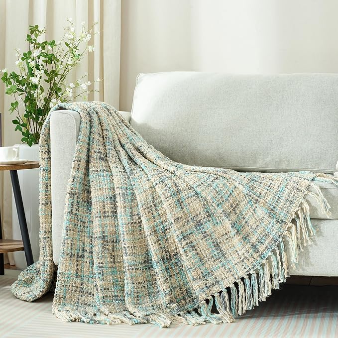 Multi-Color Blue Grey Cable Woven Throw Blanket for Couch,60"X80" Boho Style Textured Blankets for Home Decor,Super Soft Warm Cozy Chunky Blanket with Decorative Tassels for Bed