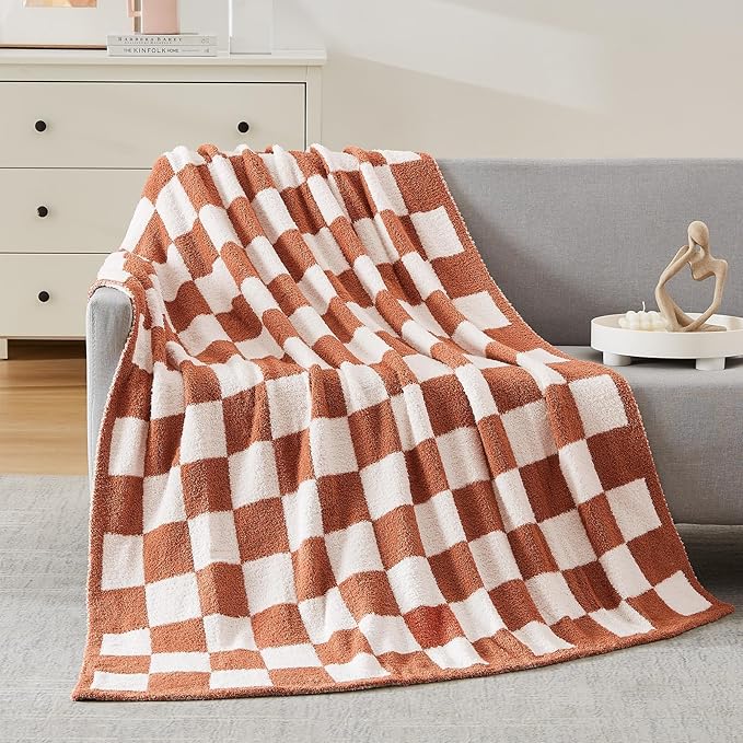 WRENSONGE Checkered Throw Blanket, Autumn Leaf Orange Soft Cozy Fluffy Warm Hand Made Throw Blankets for Couch, Sofa, Chair, Bed, Camping, Picnic, Travel Lightweight Bed Blanket - 60"*80"