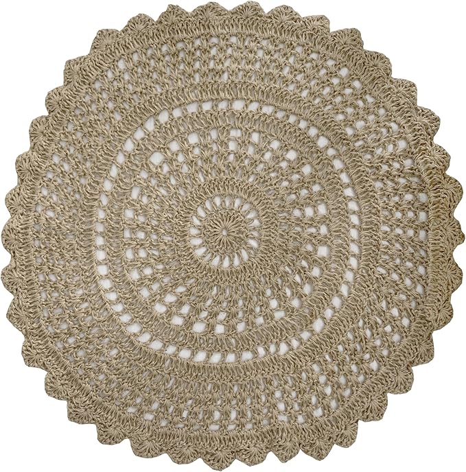 Jute Hand Crochet Rug, Natural - 3 Feet Round, Non Slip Decorative Small Area Rugs for Bedroom, Kitchen, Living Room, Nursery | Farmhouse Accent Scalloped Rustic Door Mat for Patio Décor