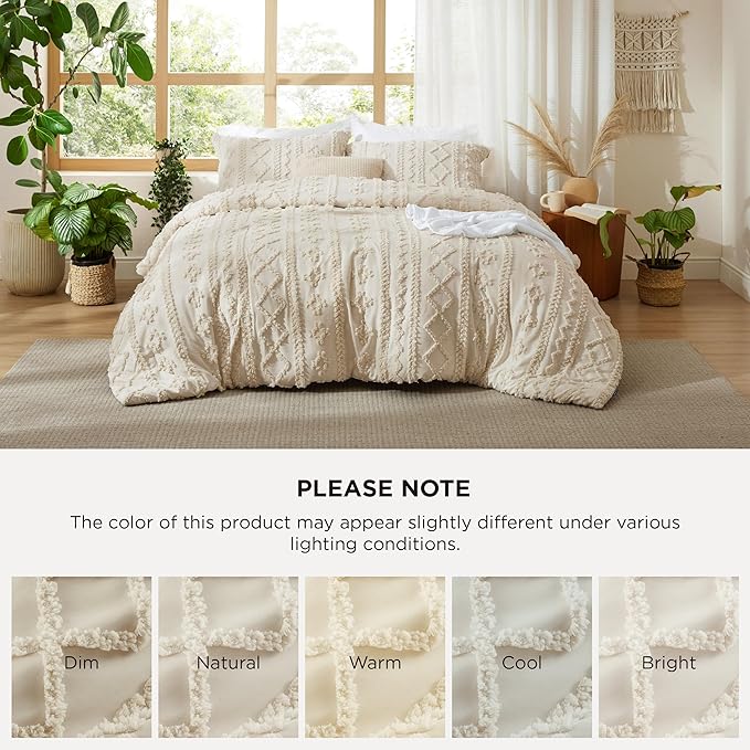 Bedsure Tufted Boho Comforter Set Queen Size - Beige Boho Bed Set, GentleSoft™ 3 Pieces Farmhouse Shabby Chic Embroidery Bedding, Gifts for Woman, Soft Jacquard Queen Comforter for All Seasons