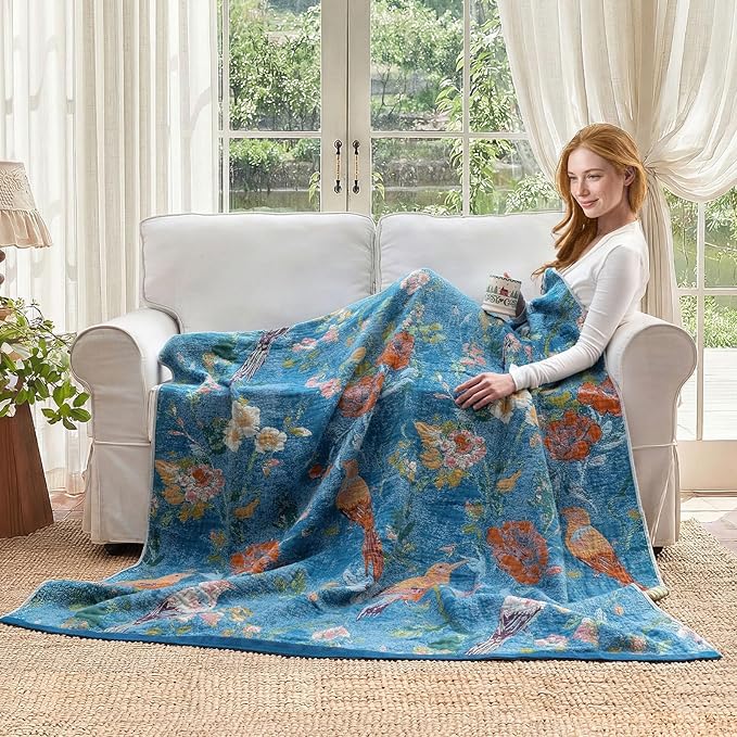 Boho Throw Blanket for Couch Sofa Chair Cotton Spring Blankets for Bedroom Living Room All Season Lightweight Reversible Floral Birds Embroidery Throws 50"x60"
