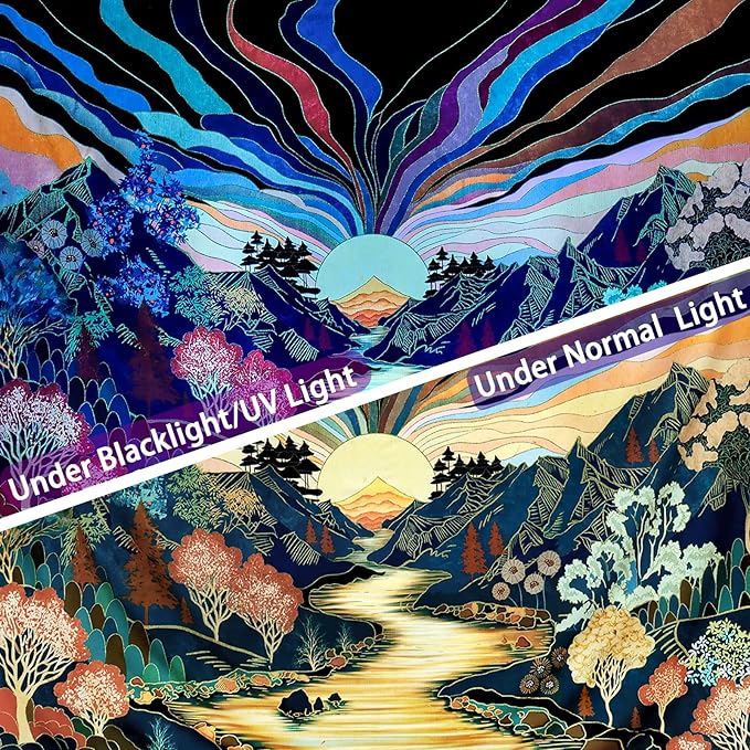 Dermijer Blacklight Forest Mountain Tapestry Sun Tapestry UV Reactive Retro Landscape Tapestries Black Light Watercolor Flower Trees Wall Art Tapestries Wall Hanging for Home Decor 92.5L x 70.8W
