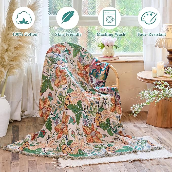 Boho Throw Blanket - 60"x80" 100% Cotton Soft Breathable Lightweight Bed Blanket, Reversible Muslin Spring Blankets Green Floral Farmhouse Decor Rustic Quilt for Bed Couch