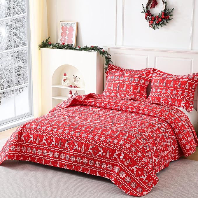JSD Nordic Christmas Quilt Set Full/Queen, Red White Reindeer Snowflakes Tree Printed Bedspreads Coverlet with Pillow Sham 2 Piece