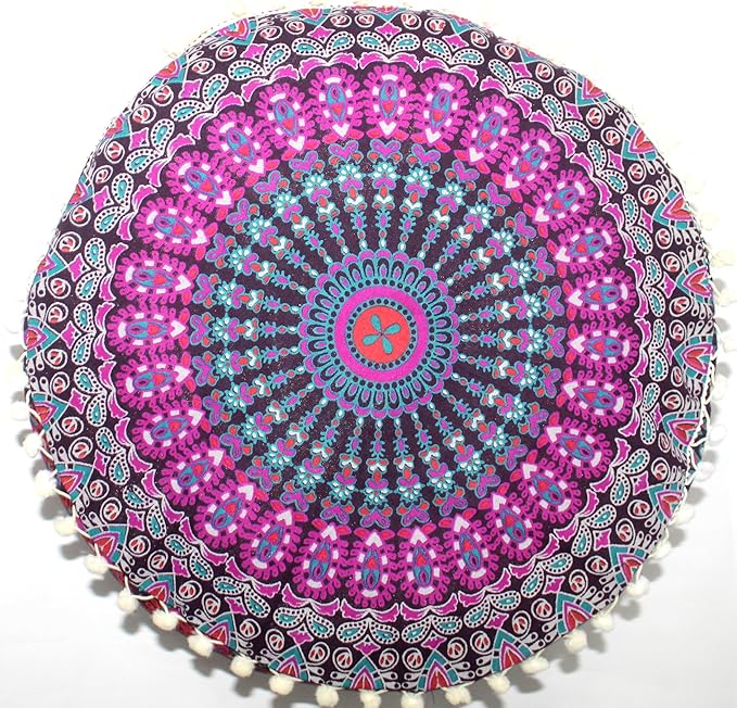 INDIAN CRAFT CASTLE ICC Mandala Barmeri Large Floor Pillow Cover Cushion Meditation Seating Ottoman Throw Cover Hippie Decorative Zipped Bohemian Pouf Ottoman Cases Pink Peacock 18" Round