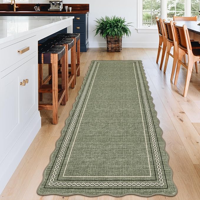 GarveeHome Scalloped Washable Rugs 2x6 Runner Rug for Hallway Non Slip Kitchen Rugs Soft Non Shedding Low Pile Entryway Rug Stain Resistant Carpet for Bath Laundry Room, Green