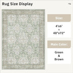 4x6 Area Rugs for Living Room, Vintage Washable Rugs for Dining Room, Bedroom, Home Office Decor, Non-Slip Green/Brown Carpet Thin Rug