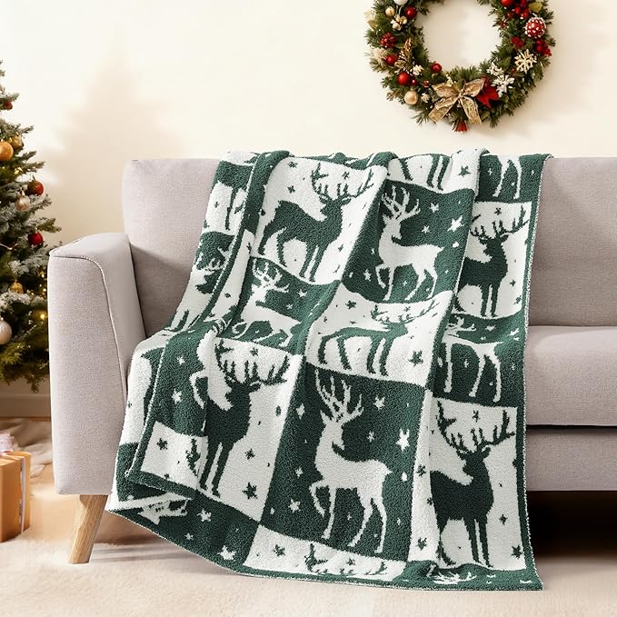 WRENSONGE Christmas Throw Blanket, Green Deer Pattern, Soft Cozy Fluffy Warm Throw Blankets for Couch, Sofa, Chair, Bed, Camping, Picnic, Travel Lightweight Bed Blanket - 50"*60"