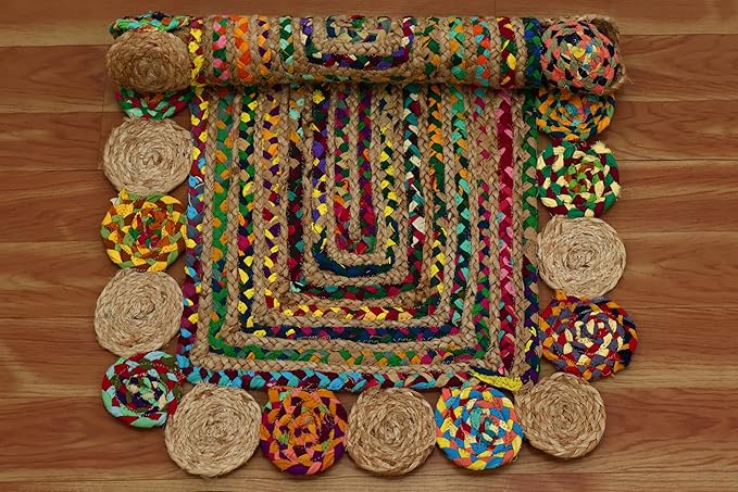 Rectangular Area Rug - 2x3 Feet Multicolor Cape Code Chindi Cotton Jute Rug Geometric Kilim Rug Indoor Outdoor Use Carpet Flatweave Rugs for Bedroom Dining Room Living Room