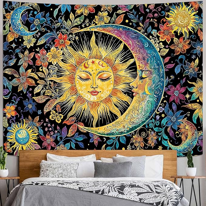 Accnicc Sun and Moon Tapestry for Bedroom Boho Hippie Floral Wall Tapestry Aesthetic Vintage Stained Glass Flower Plant Celestial Large Tapestries Wall Hanging for Living Room Dorm 80 x 60 Inch