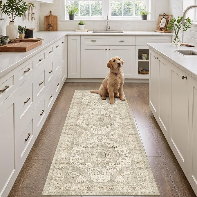 Washable Runner Rug 2x6 Runners for Hallways, Ultra-Thin Carpet Runners for Entryway Anti Slip Backing Runner Rugs for Kitchen Laundry Room Indoor Hallway (Ivory/Beige)