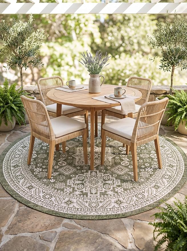 Rugs.com Outdoor Aztec Collection Rug – 10 Ft Round Green Flatweave Rug Perfect for Kitchens, Dining Rooms