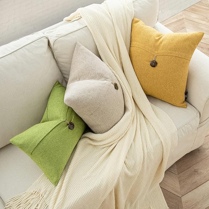 Phantoscope Pack of 2 Throw Pillow Covers Premium Coconut Button Vintage Linen Solid Decorative Pillow Cover for Couch Bed and Chair Mustard Yellow 20 x 20 inches 50 x 50 cm