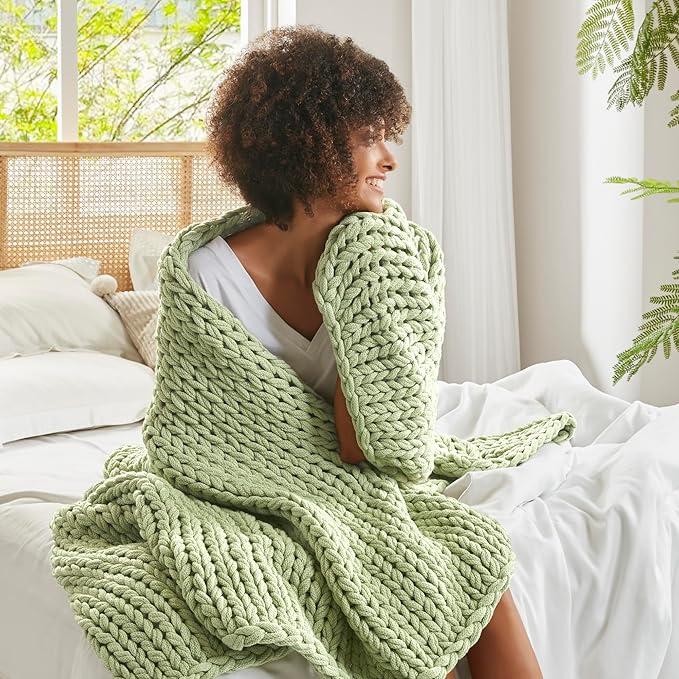 Madison Park Boho Throw Blanket, Soft Blanket Handmade Gift Home Decor, Lightweight & Breathable All Seasons Spring Chunky Knit Blanket, Knitted Throw for Couch, Bed Blanket, 50"x60"Sage Green