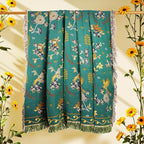 Boho 100% Organic Cotton Muslin Throw Blanket 50" x 60" - All Season Rustic Ultra Soft Breathable Floral Bird Blanket for Bed Sofa Couch Chair Bedspread Quilt Gift-Teal/Beige