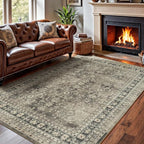 Lessymo 5x7 Area Rugs for Living Room, Machine Washable Non Slip Rug, Soft Low Pile Carpet for Bedroom Dining Home Office, Vintage Brown Distressed Floral Floor Mat