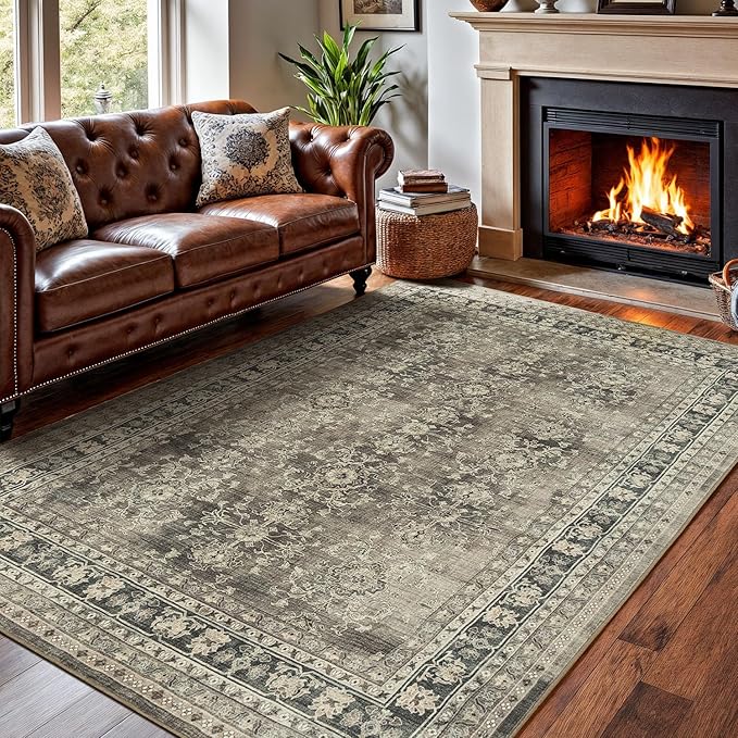 Lessymo 5x7 Area Rugs for Living Room, Machine Washable Non Slip Rug, Soft Low Pile Carpet for Bedroom Dining Home Office, Vintage Brown Distressed Floral Floor Mat