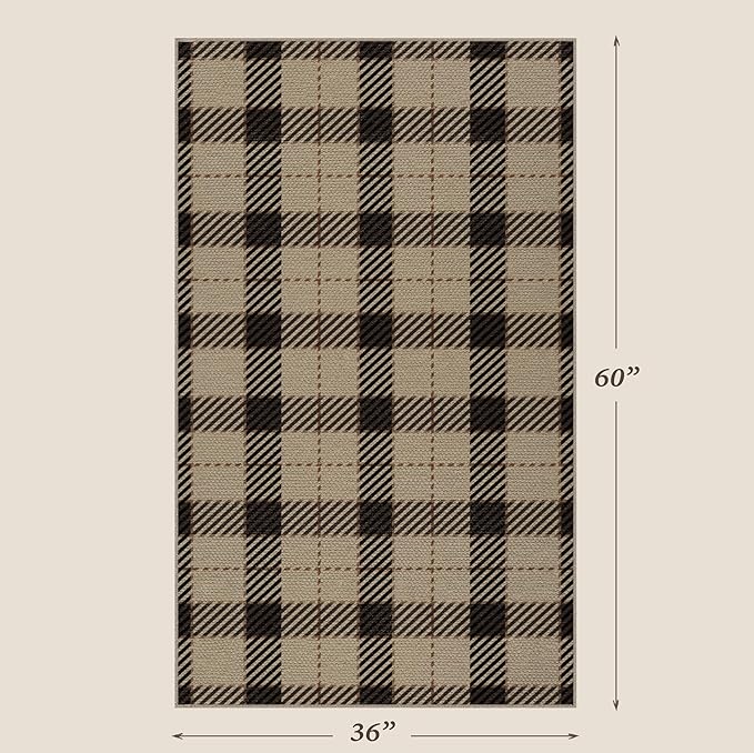 Washable Plaid Indoor Outdoor Rug 3x5 for Front Porch, Entryway, Patio, No Shed Easy Jute Non Slip TPR Backing Area Rug for Large Kitchen, Farmhouse Black & Tan Checkered Seegrass Aesthetic