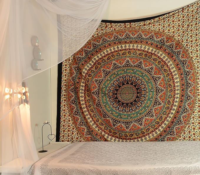 Popular Handicrafts Wall Hanging Tapestry For Bedroom Hippie Mandala Bohemian Psychedelic Intricate Floral Design Indian Bedspread Magical Thinking Tapestry 84x54 Inches,(215x140cms) Green Orange