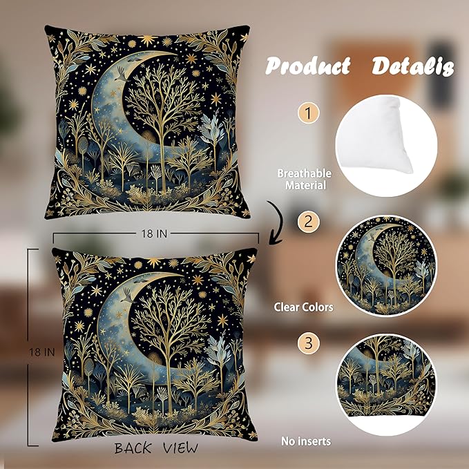 Vintage Dark William Morris Night Moon Forest Decor Pillow Covers 18x18,Black Forest Decor,Dark Dcademia Decorative Throw Pillow Covers for Home Bedroom Living Room