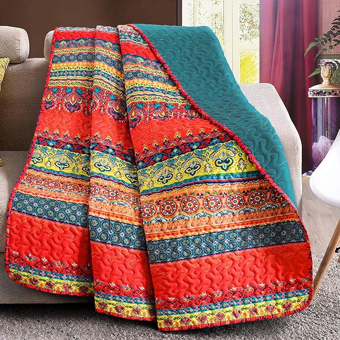 Exclusivo Mezcla 50"x 60" Quilted Throw Blanket- Microfiber Quilt Throw with Boho Striped Pattern, Reversible Red and Blue Versatile Lap Quilt for All Seasons, Lightweight Throws for Bed/Couch/Sofa