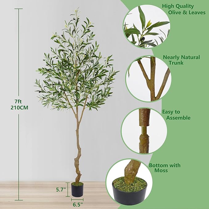 Artificial Olive Tree, 7ft Tall Fake Olive Leaves Plant with Basket, Indoor Outdoor Faux Olive Topiary Silk Tree for Home Livingroom Office Décor