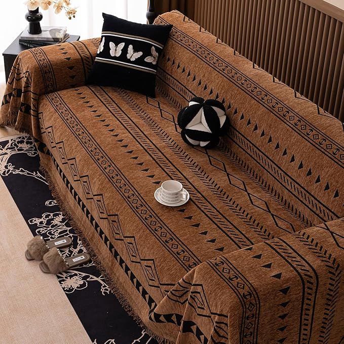 VClife Bohemian Couch Cover for Dog, Plush Thick Chenille Aztec Couch Cover for 3-4 Cushion Couch Sofa Pet Friendly Sofa Slipcover with Tassel 71"X150"