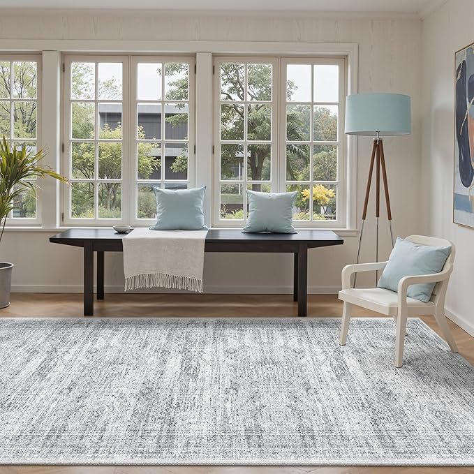 4x12 Wide Hallway Runners: Washable 12ft Runner Rug for Entryway Living Room Soft Vintage Non Slip Carpet Runner for Kitchen Dining Room Nursery Bedroom (Grey, 4x12ft)