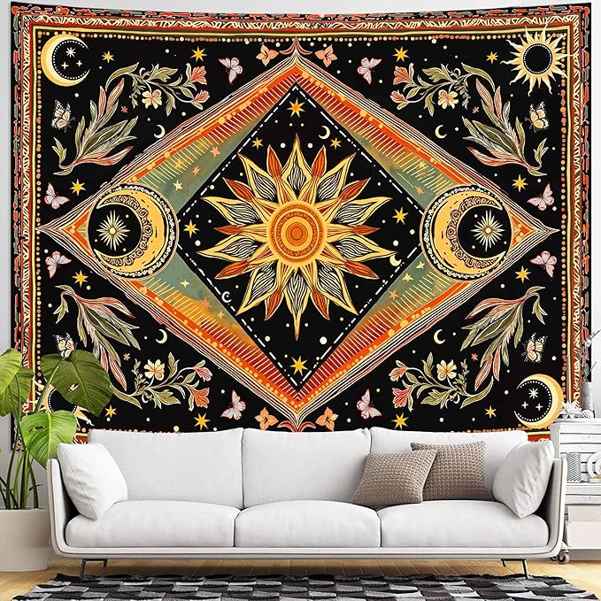Accnicc Hippie Sun and Moon Tapestry Boho Mandala Floral Wall Tapestry for Bedroom Aesthetic Vintage Plant Celestial Colorful Large Tapestries Wall Hanging for Dorm Living Room Decor 80 x 60 Inch