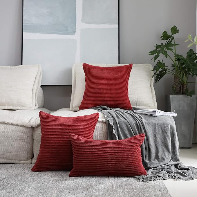 Home Brilliant Red Pillow Covers 26x26 2 Pack Euro Sham Super Soft Striped Corduroy Large Throw Pillow Cover Living Room Decor, 26 x 26 Inches, 66x66 cm, Burgundy