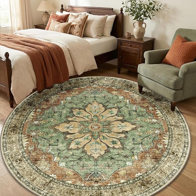 Area Rugs 6ft Washable Non-Slip, Floral Vintage Distress Print Pattern Medallion Carpet for Living Room Bedroom Dining Room, Brick Red Rust Neutral Brown Burnt Orange