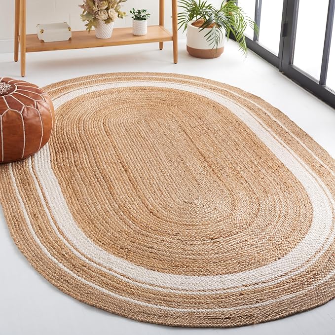 SAFAVIEH Natural Fiber Collection Area Rug - 3' x 5' Oval, Natural & Ivory, Flat Weave Farmhouse Border Jute Design, Ideal for High Traffic Areas in Living Room, Bedroom (NF812A)