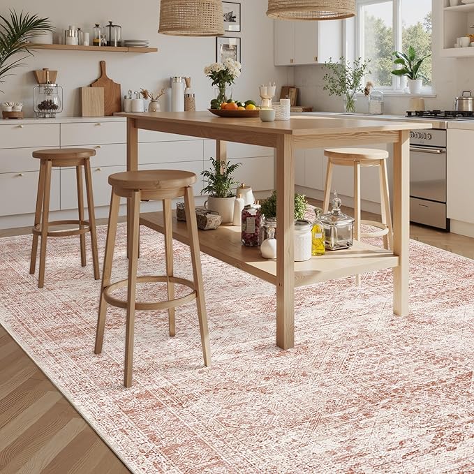 9x12 Area Rugs for Living Room, Non Slip Machine Washable Vintage Rugs, Low Pile Lightweight Large Rug for Bedroom, Dining Room, Home Office Pink