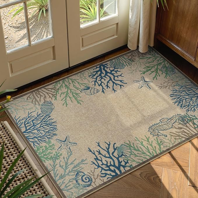 LIVEBOX Easy Jute 28''x43'' Front Porch Rug, Outdoor Non Slip Washable Kitchen Rug Modern Coastal Animal Area Rugs Floor Hello Welcome Door Mat Carpet for Entryway Porch Doorway(Blue 28''x43'')