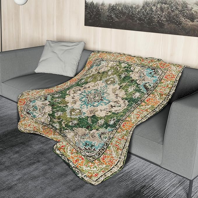 Vintage Rug Blanket Soft Flannel Lightweight Green Orange Retro Carpet Aesthetic Throw Blanket Cozy Warm Blankets All Seasons Living Room Decor for Kids Adults Use On Couch Bed Office 60x80 inch