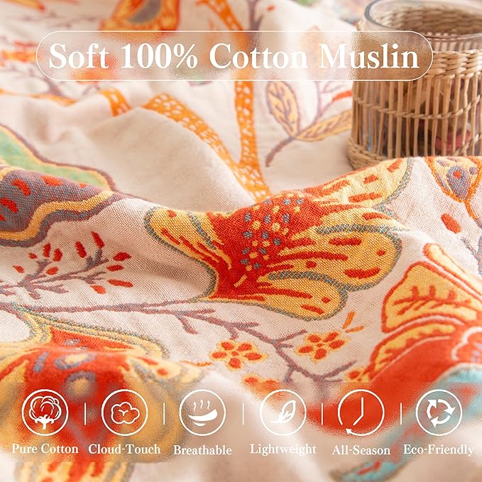 Boho Throw Blanket Throw Size, Soft Cozy Cotton Muslin Quilt Blanket for Bed Decor, Bird Patterned Couch Sofa Chair Cover, Vintage Farmhouse Cottage Tapestry Woven Blanket, Coral&Green