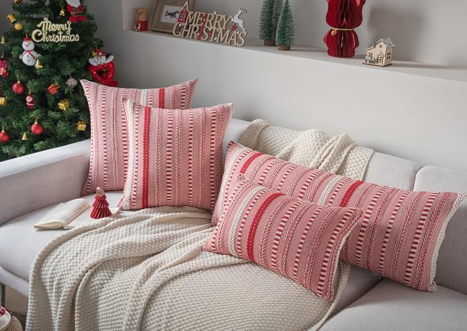 Christmas Pillow Covers 12x20 Inch Set of 2, Farmhouse Boho Christmas Decorative Couch Pillow Cases, Red Accent Pillows of Bed, Sofa Bedroom Living Room Home Decor Cushion Cover