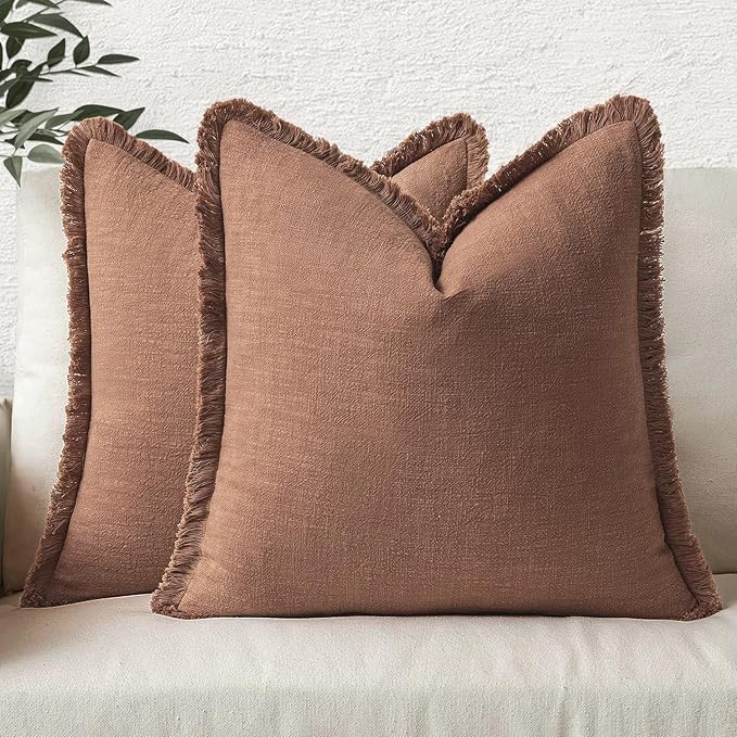 MIULEE Decorative Throw Pillow Covers Neutral Linen Fringe Throw Pillows Euro Shams Set of 2 Brick Boho Farmhouse Cushion Covers for Couch Sofa Bed Living Room Spring Home Decor 24x24 Inch