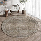 HUGEAR 4ft Round Rug Entryway Rugs Machine Washable Brown Hallway Area Rug 4x4 Small Circle Floral Low Pile Carpet Vacuumable Throw Rug Living Room Laundry Entrance Non Slip Soft Lightweight