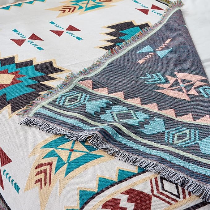 Boho Throw Blankets Southwest Native American Inspired Reversible Woven Blankets Cover Hippie for Couch Bed Recliner Sofa Bohemian Tapestry Colorful Furniture Cover for Home Décor,Double Side, 50"x70"