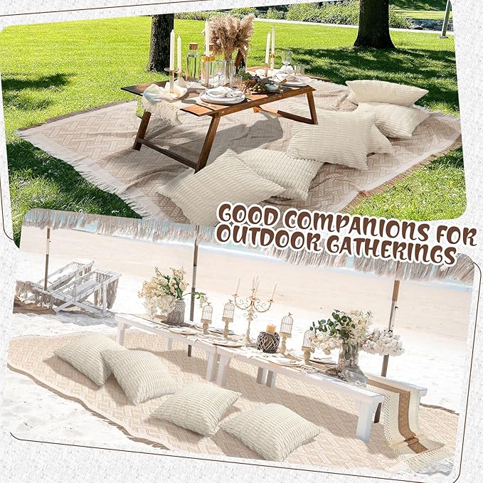 Extra Large Outdoor Boho Picnic Blanket 91'' x 71'' Beige White Table Runner 6 Throw Pillow Cover Woven Cotton Yarn Oversize Beach Blanket Washable for Picnic Camp Wedding