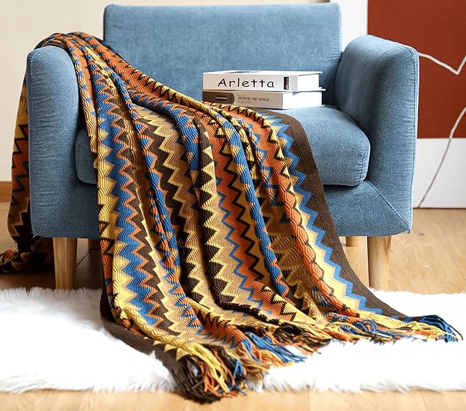 Boho Bohemian Throw Blanket for Couch Sofa Bed, Soft Cozy Lightweight Boho Blankets Knitted with Tassel, Decorative Blanket All Season 50x60 inches (Coffee)
