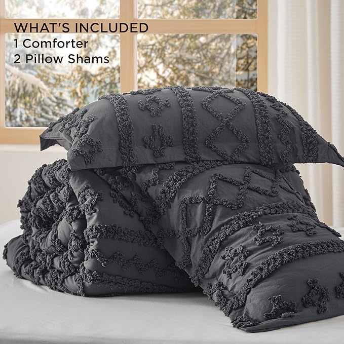 Bedsure Tufted Boho Comforter Set King Size - Dark Grey Boho Bed Set, GentleSoft™ 3 Pieces Farmhouse Shabby Chic Embroidery Bedding, Gifts for Woman, Soft Jacquard King Comforter for All Seasons