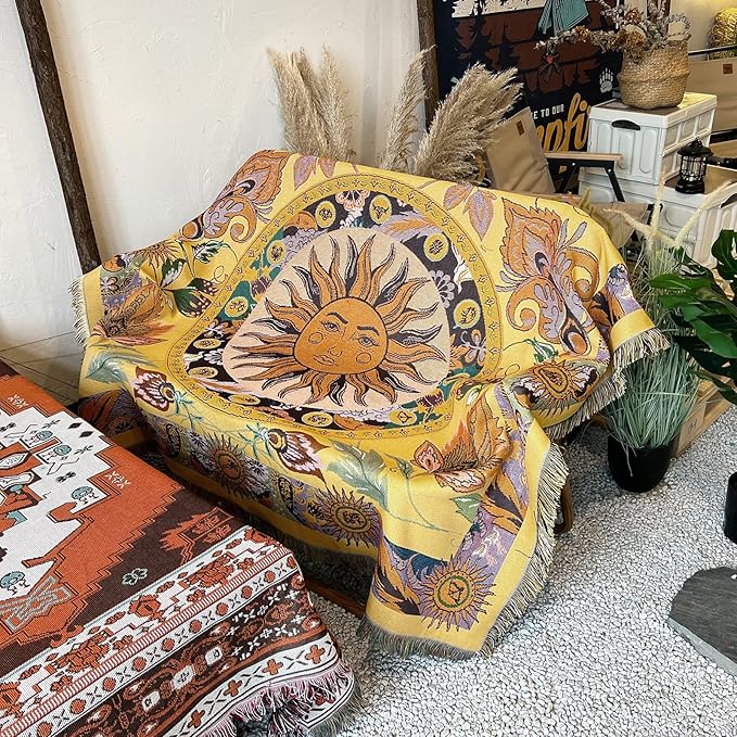 Hopstar Sun Throw Blanket Boho Hippie Tapestry Room Decor Western Blankets and Throws Soft Cozy Couch Cover for Loveseat Sofa Living Room Chair Travel 51"x63" (Yellow/Floral)