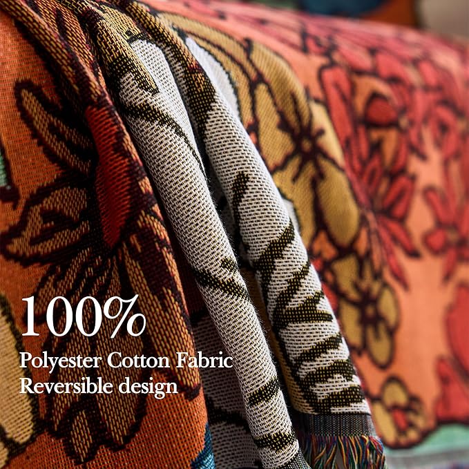 Boho Throw Blanket for Couch Cover, 100% Handwoven Cotton Southwestern Farmhouse Floral Decor Reversible Blanket, All Season Throw for Sofa Bed Tapestry Outdoor Camping Picnic 71″×91″