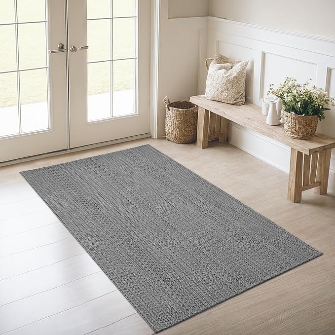 3x5 ft Area Rug - Machine Washable Non-Slip Boho Rug for Living Room, Woven Rug for Bedroom, Dining Room, Home Office - Soft, Lightweight, Stain-Resistant, Soundproof - Grey