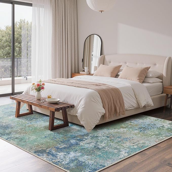 GENIMO Washable Rugs 9x12 Area Rugs for Living Room Bedroom, Modern Lightweight Rug Ultra Soft Indoor Area Rugs 9x12 for Dining Room, Low Pile Carpet with Non Slip Backing, Blue Green