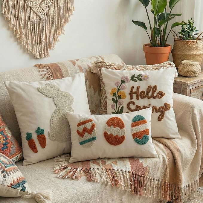 Hello Spring Tufted Pillow Cover with Embroidered Wild Flowers, Textured Floral Botanical Canvas Throw Pillow Case for Boho Easter Family Welcoming Decoration, 18x18 inches, 1PCS (Cover Only)