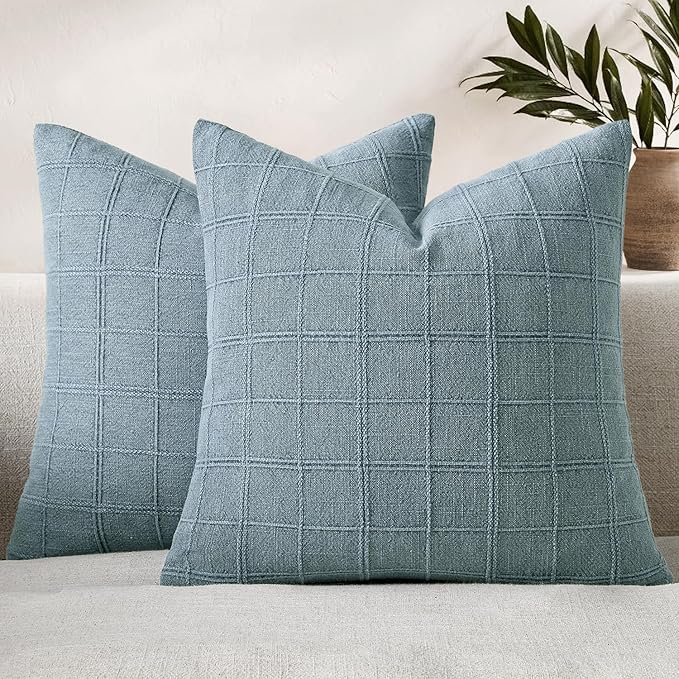 Woaboy Linen Check Throw Pillow Covers Blue Gray Farmhouse Modern Boho Vintage Coastal 18x18 Inch Set of 2 Decorative Cushion Covers for Sofa Couch Bedroom Living Room Home Decor