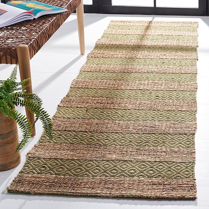 SAFAVIEH Natural Fiber Collection Runner Rug - 2'3" x 8', Green & Natural, Handmade Boho Farmhouse Rustic Jute & Cotton, Ideal for High Traffic Areas in Living Room, Bedroom (NFB653Y)